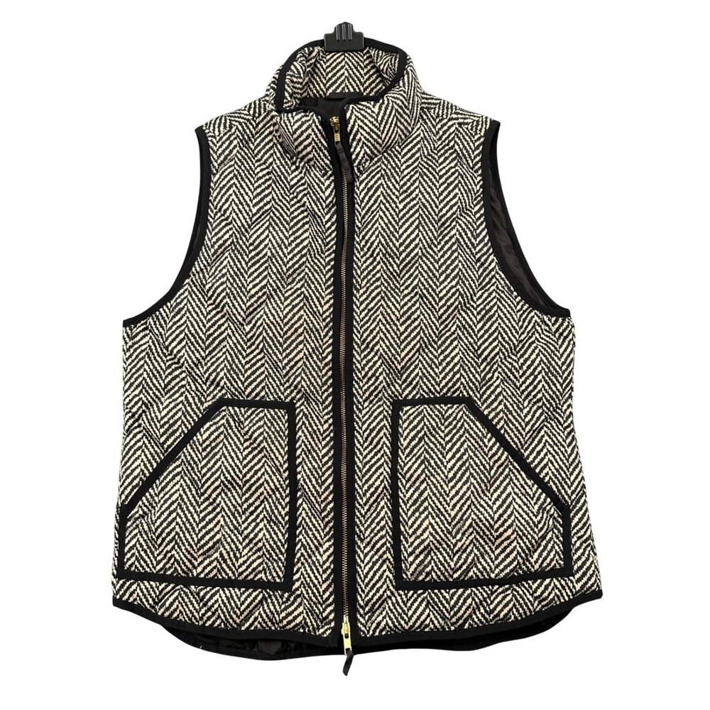 J. Crew Excursion Vest Womens L Gray Quilted Herringbone Down Filled Black Cream - Picture 2 of 10
